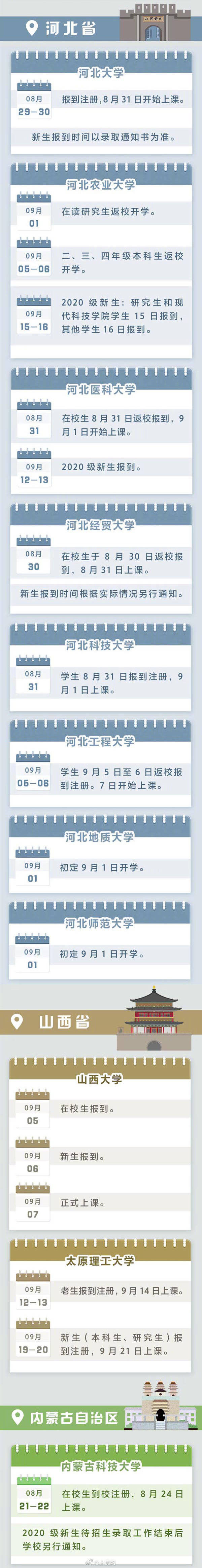 时间|全国高校2020秋季开学时间
