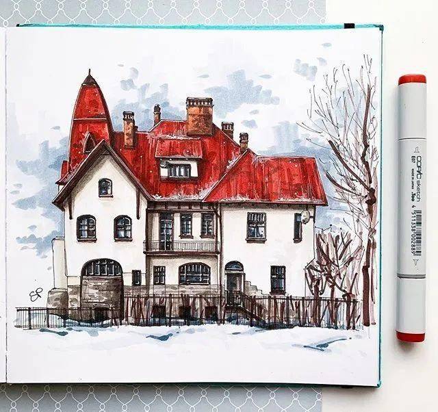红色房子马克笔手绘一组创意小房子