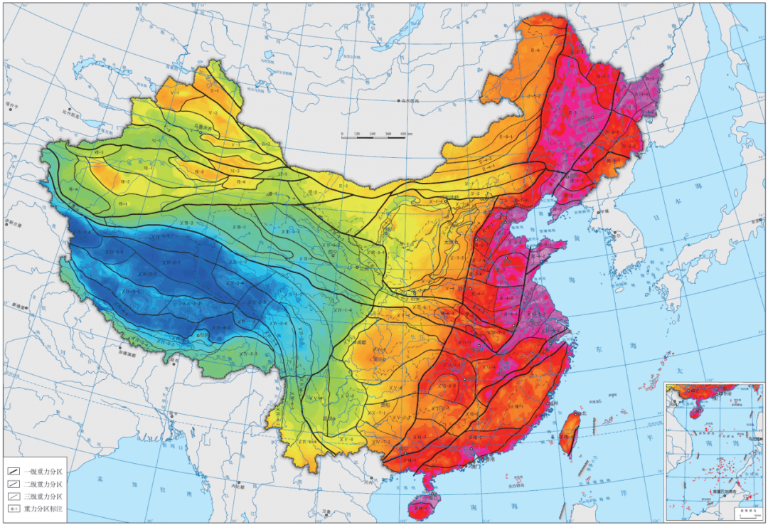1-中国地质图 2-中国地貌图 3-中国陆域区域重力调查工作程度图 4