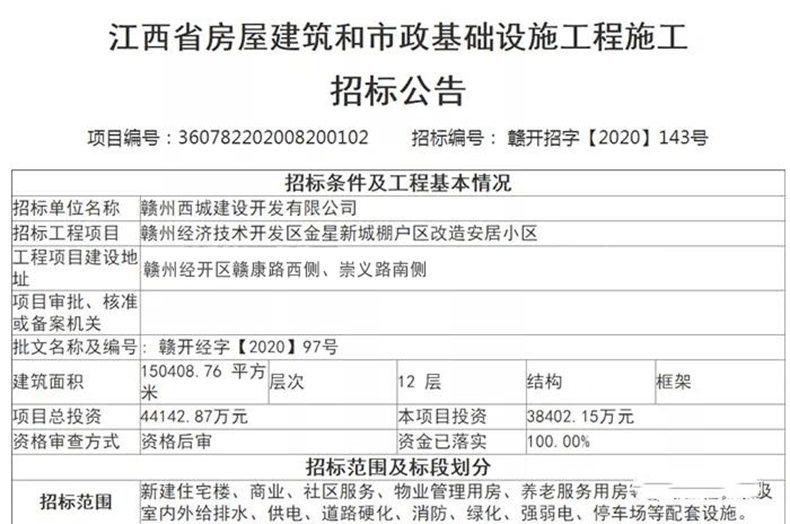 2 开发区金星新城棚户区改造安居小区 招标单位名称:赣州西城建设