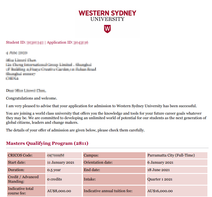 【案例分享】西悉尼大学工商管理专业offer一枚