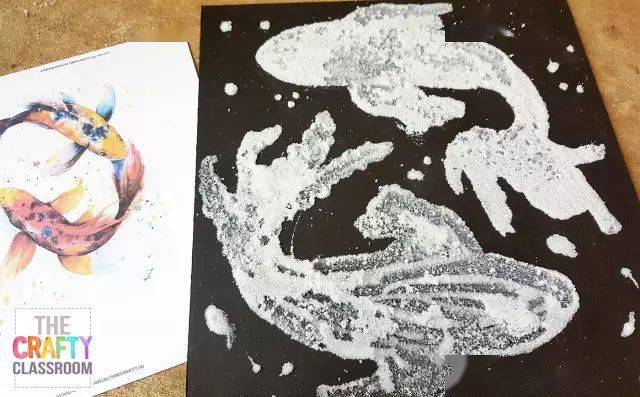 恐龙撒盐画准备材料:卡纸,颜料,画笔,乳白胶制作步骤:在一张卡纸上让