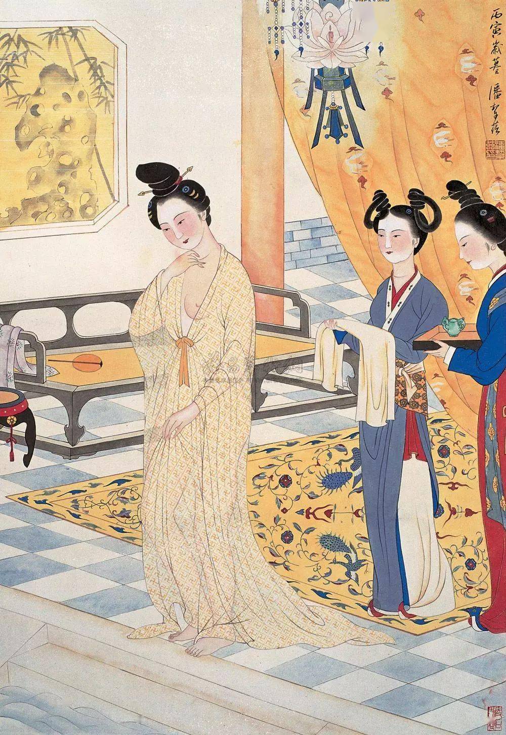 中国絵　乙亥年写貴妃出浴圖　銘有り 中国絵 乙亥年写貴妃出浴圖 銘有り 中国絵 乙亥年写