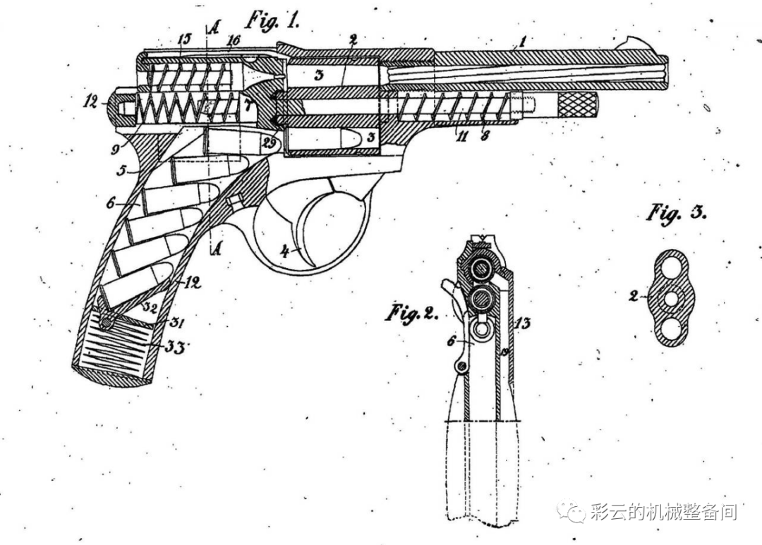 兰斯塔德自动转轮手枪专利图纸,弹匣内子弹是被前后运动的枪机顶进