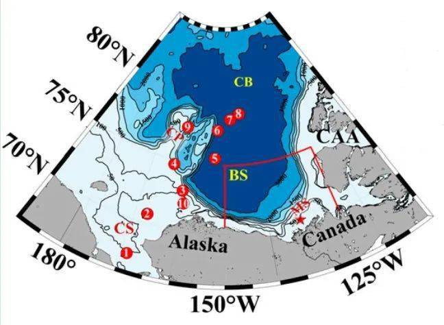 红色实线范围内为波弗特海(bs),cb为加拿大海盆,cs为楚科奇海,cp为