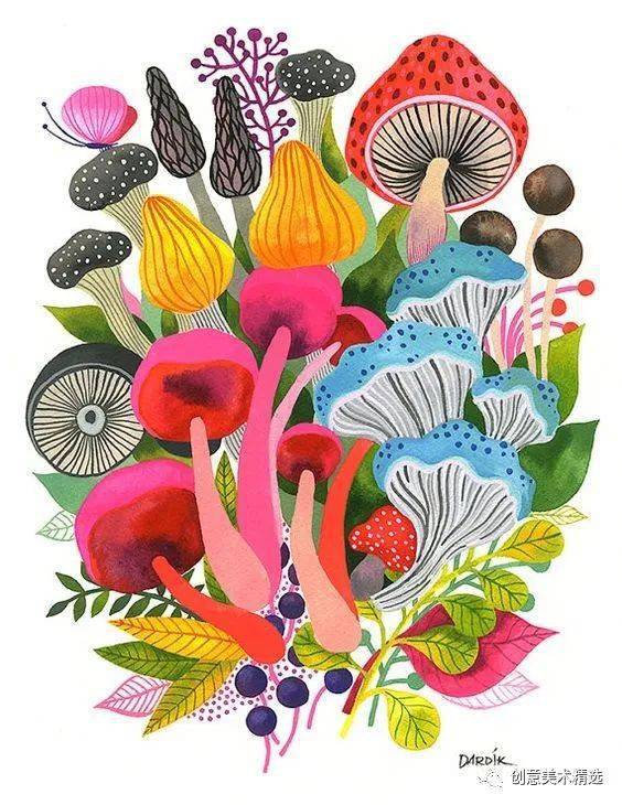 21张蘑菇主题色彩装饰画,构图美,色彩更美!_图案