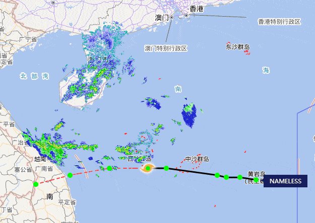 中部海面上,中心附近最大风力7级(15米/秒),中心最低气压为1000百帕