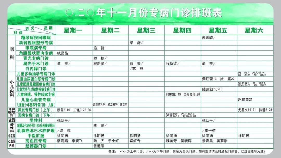 附院|最新 | 通大附院11月份专家门诊排班表出炉啦！