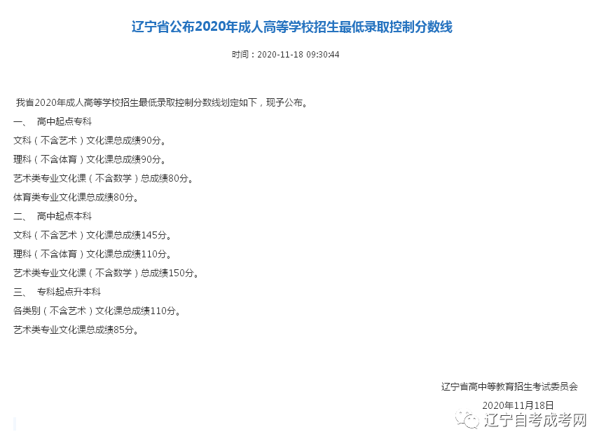 考生|2020年辽宁成人高考成绩查询及最低录取控制分数线！