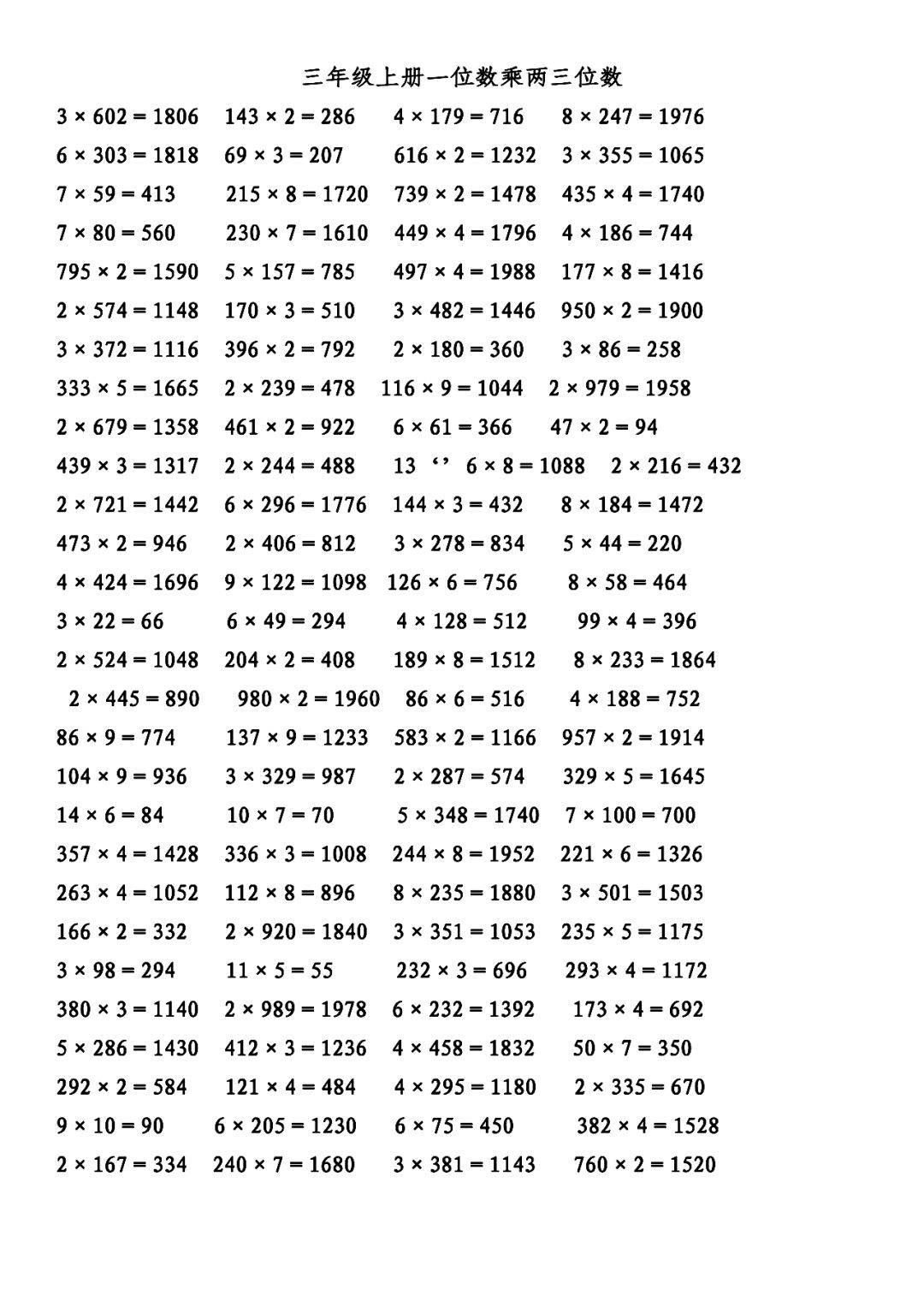 小学三年级上册第六单元知识梳理，一位数乘多位数计算练习_搜狐网