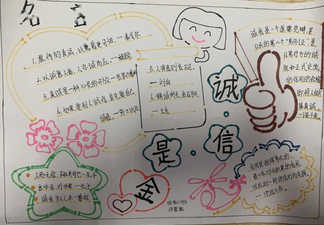 厉行节约",发动年级师生书写,绘制以"诚信"为主题的手抄报作品,他们用