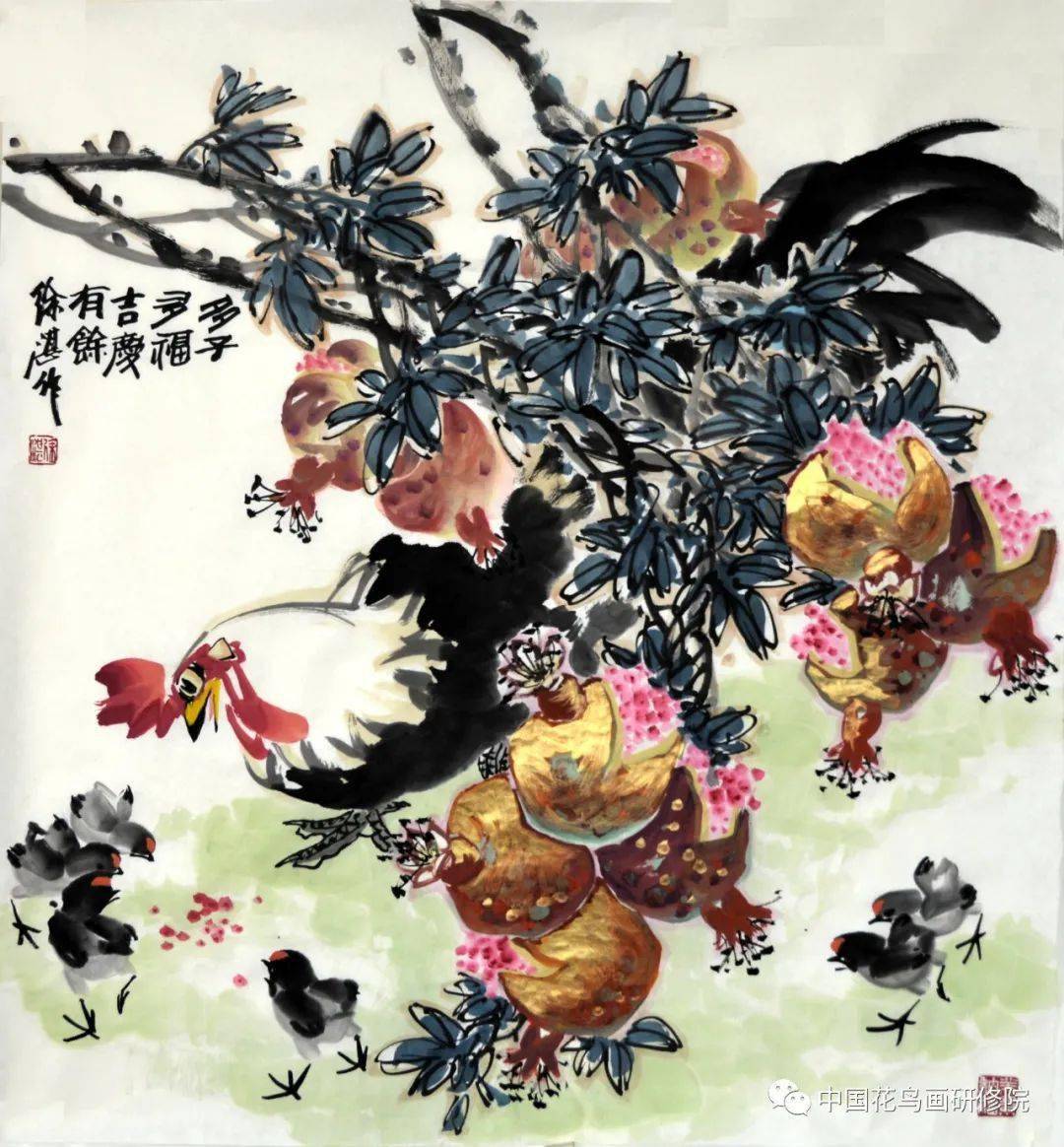 徐湛 花鳥 鏡框 額装 真作 中国絵画 - 美術品