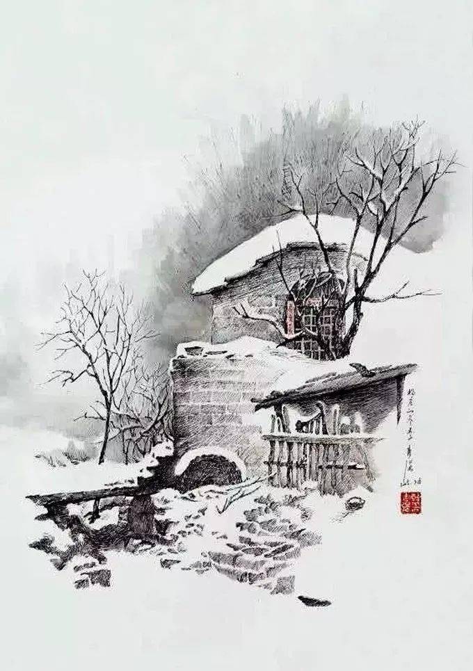 他用钢笔画出的古村落雪景,饱含着一种浓浓的乡情记忆