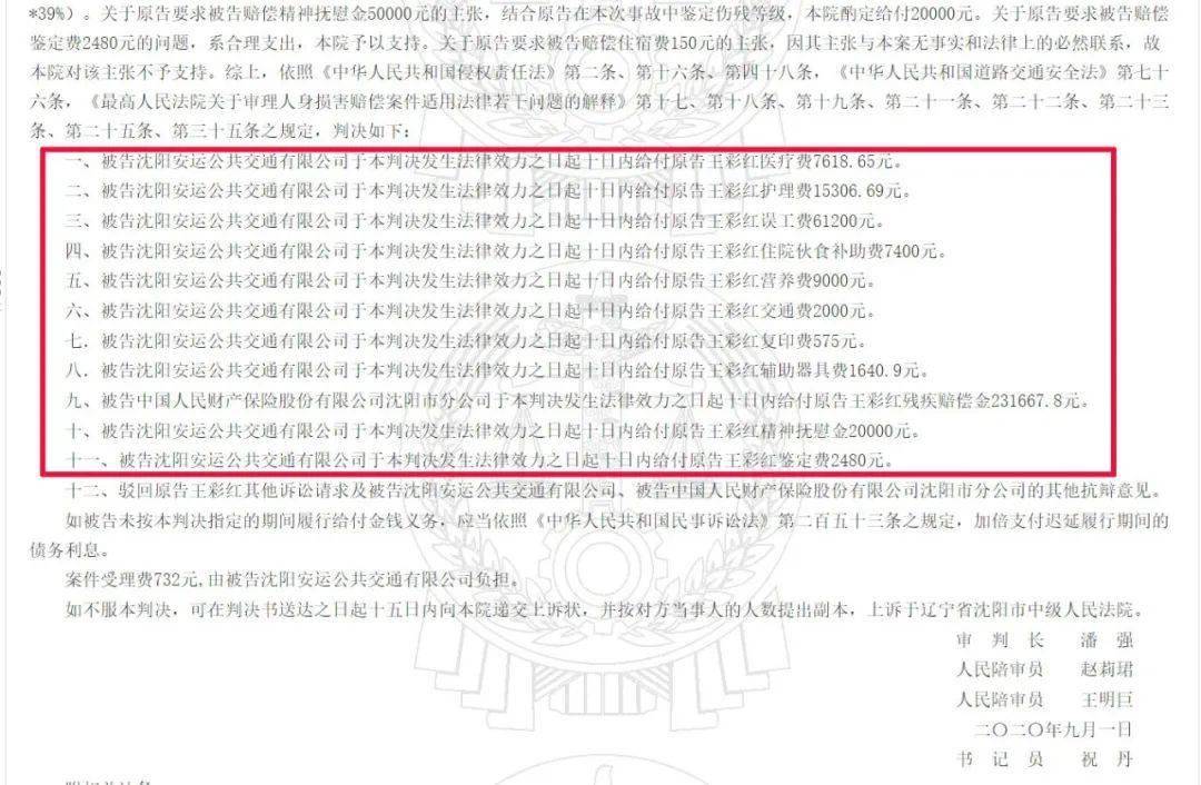 法院判决给其中一名受伤者的款项明细这场交通事故给整个沈阳公交行业敲