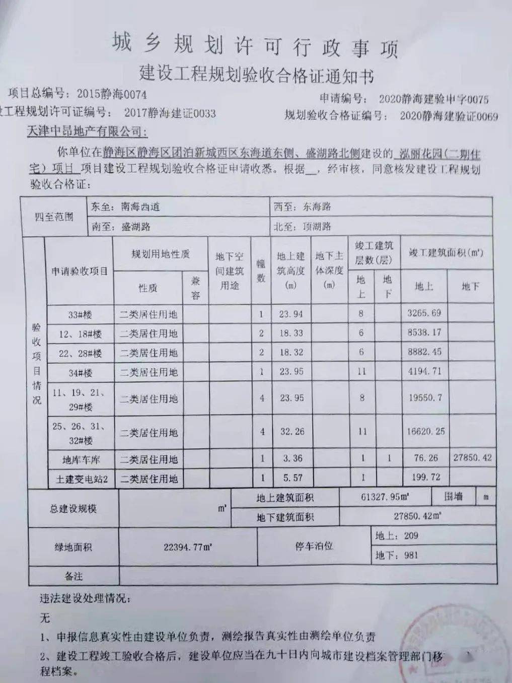 天津中昂地产出具的《建设工程规划验收合格证》