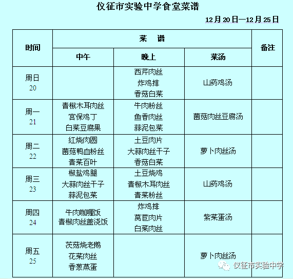 第17周食堂菜谱