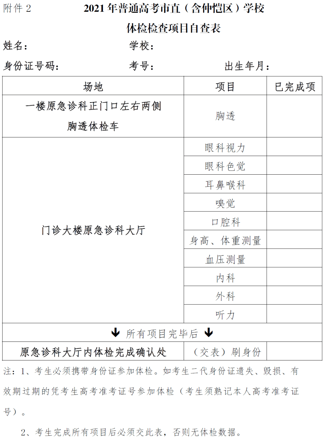 附件2:2021年普通高考市直(含仲恺区)学校体检检查项目自查表