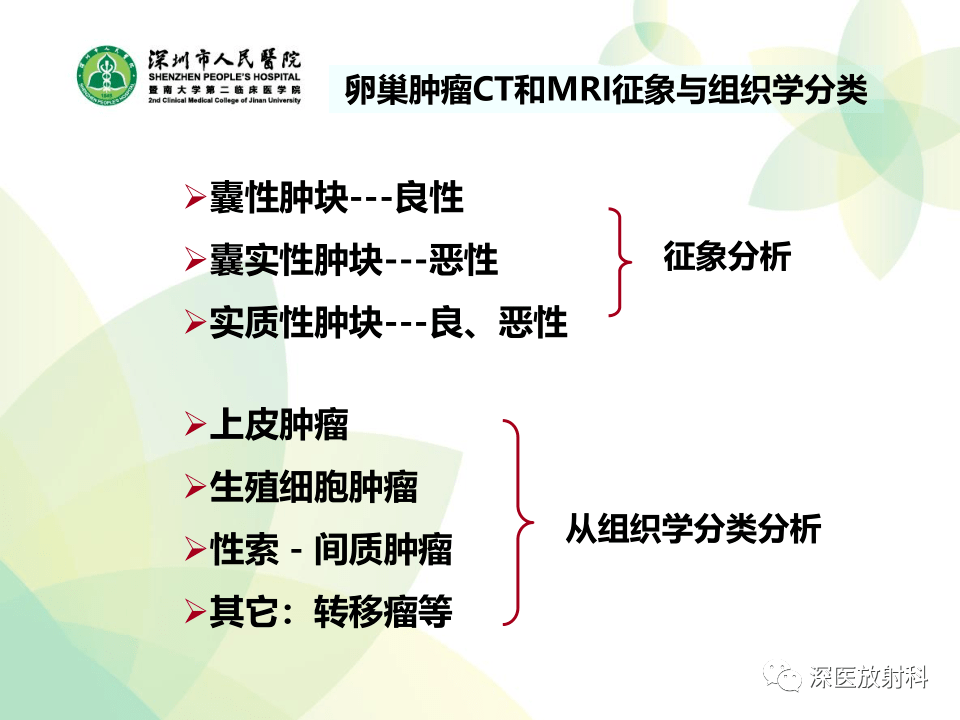 囊实性及实性肿块,按组织学分类可分为上皮肿瘤,生殖细胞肿瘤,性索-间