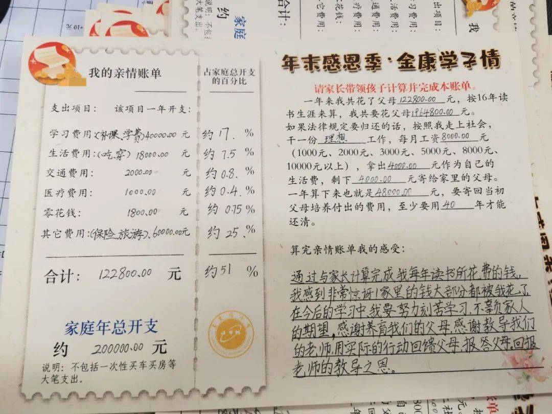 孩子写下感受 情感更加真挚 金康园小学孩子们的亲情账单上,除了要写