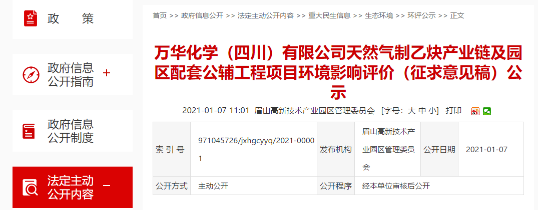 热点投资287亿元万华化学眉山新建天然气制乙炔产业链项目