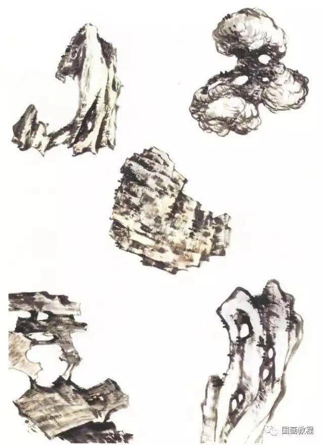 【国画教程】花鸟画中石块的画法
