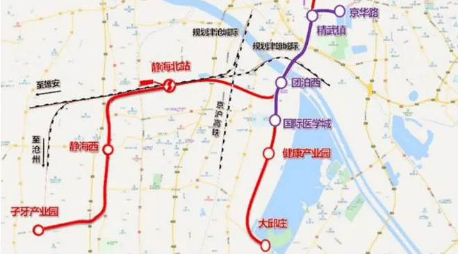 线路与地铁5号线在京华路站交汇,然后延伸至精武镇站,团泊西站,国际