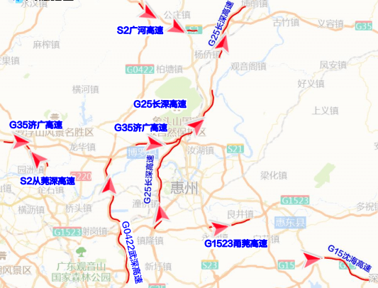 根据预测,春运期间惠州市出程易拥堵缓行的高速主要是g25长深高速,g35