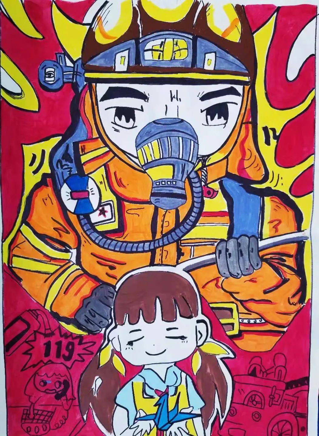 我是小小消防员创意绘画致敬火焰蓝