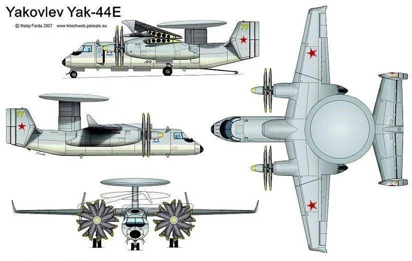 雅克44型预警机的外形类似于美国海军装备的e-2型预警机,可以探测并且