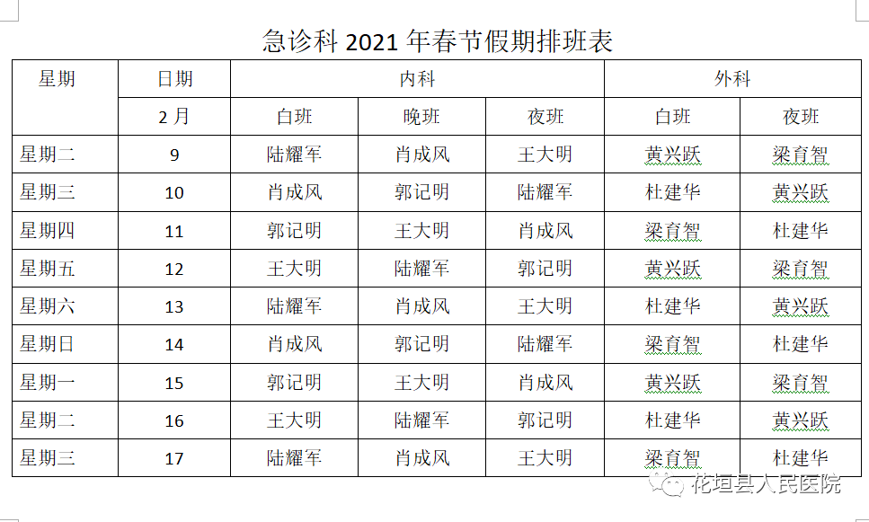 花垣县人民医院2021春节排班表来了