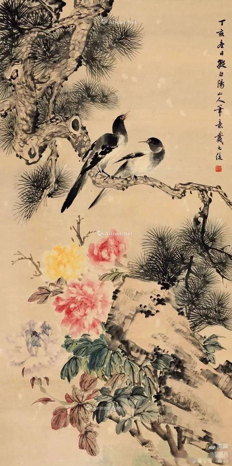 戴元俊 1947年作 双栖王续曾 桃花双栖黄君璧(款 红叶双栖赏昙花能