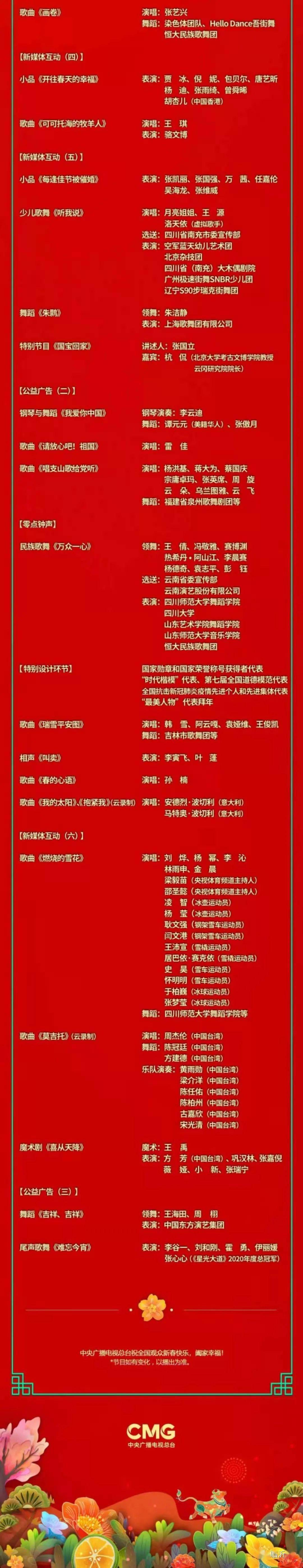分会场主持人:马跃,张泽群,蔡紫,郑毅 2021年春节联欢晚会节目单如下