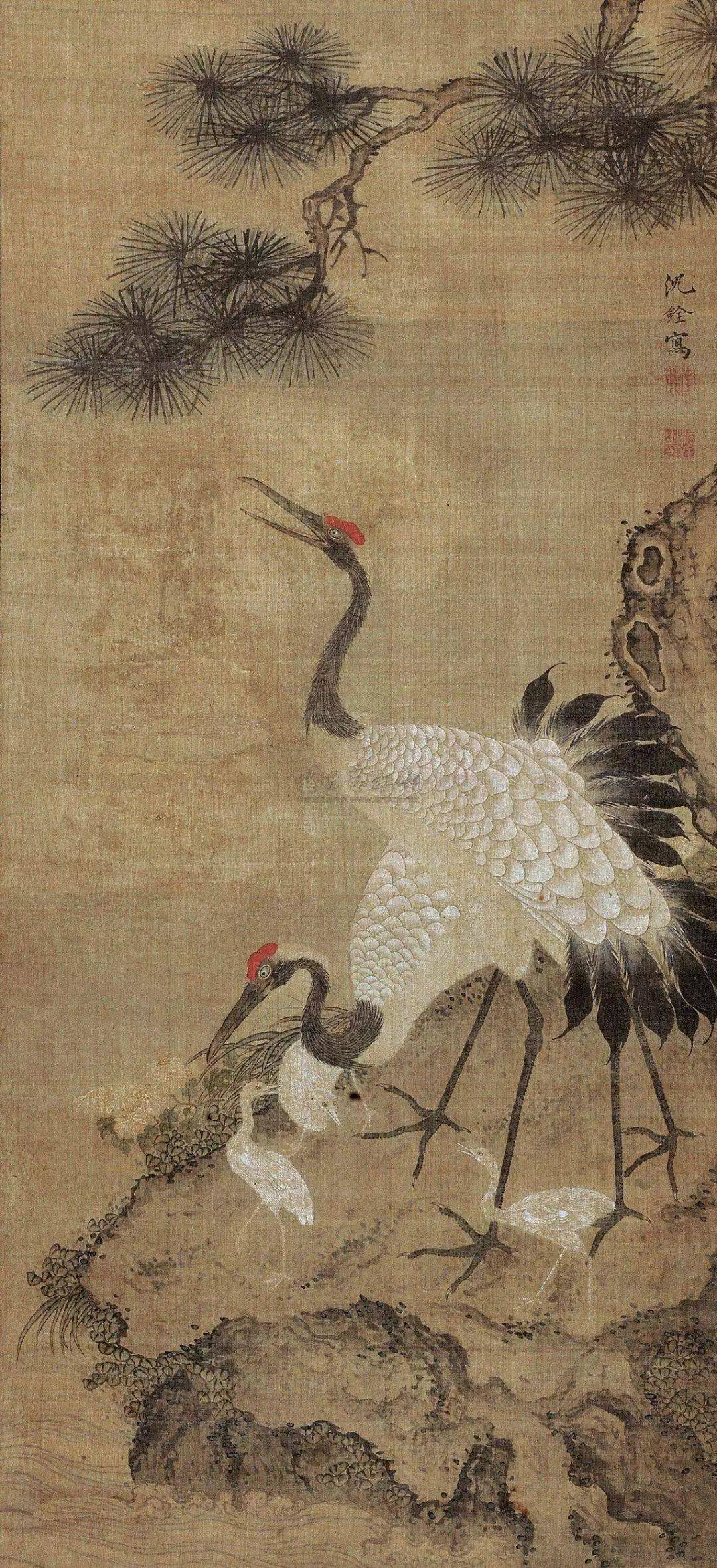 沈铨 鹿鹤同春 立轴 设色纸本▲黎雄才 喜上