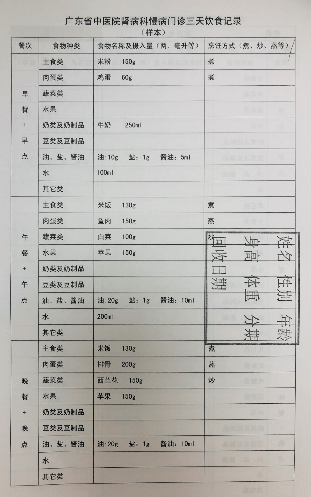 饮食记录表模板如下