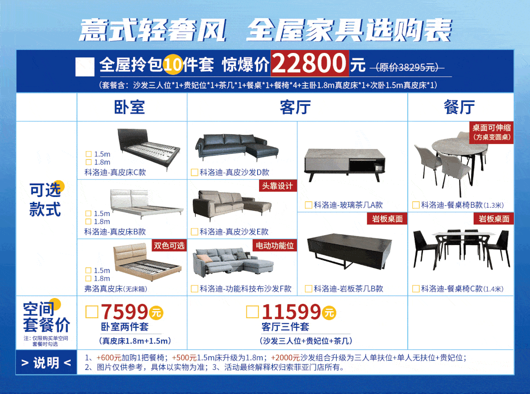 餐桌×1 餐椅×4 床×2  同样是10件套仅需22800元  设计风格完全不同