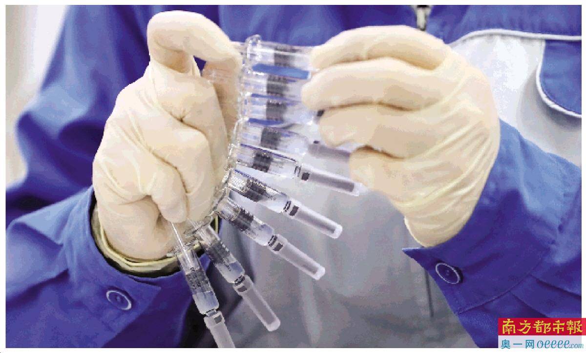 工作人员在包装线上检查新冠病毒灭活疫苗预充注射器剂型上的标签.