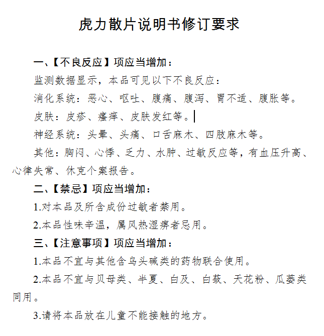 虎力散片说明书修订要求