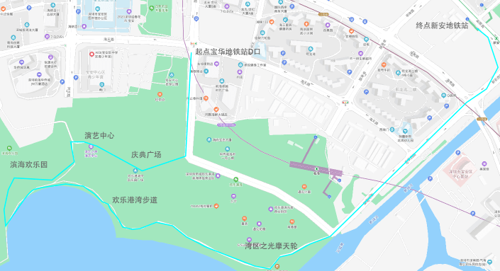 徒步路线:宝华地铁站d出口——欢乐港湾庆典广场——湾区之声演艺