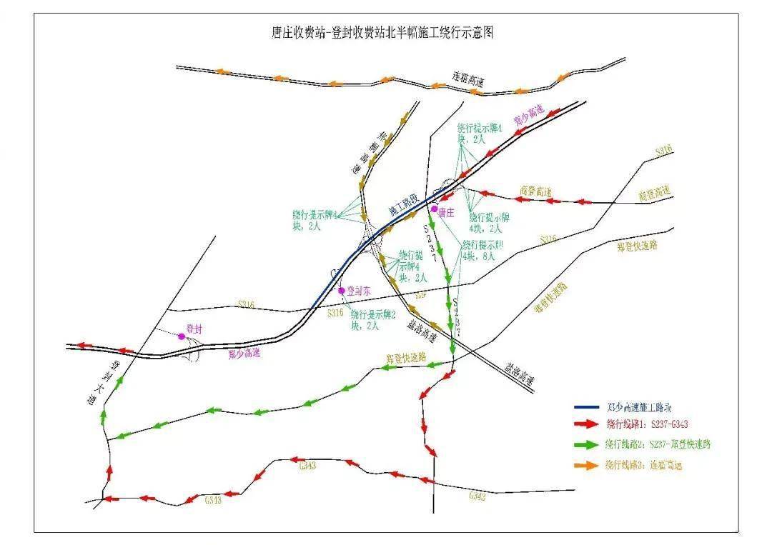 站下站绕行郑登快速路至登封收费站上站或从唐庄站下站绕行s237省道