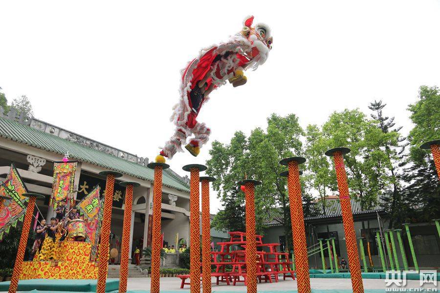 高桩醒狮显雄风 广东西樵山狮王争霸风云再起