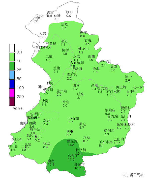 地区降中雨 截止到今天下午三点 最大降雨量出现在 盖州邢家沟达到18