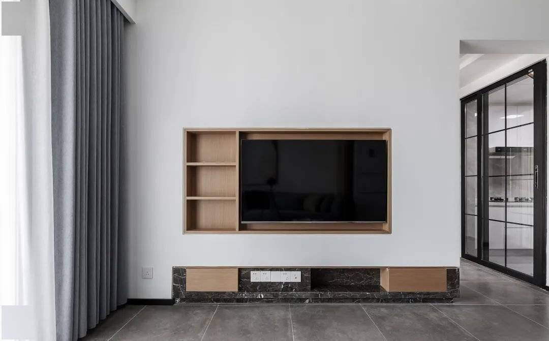装修效果图丨88㎡现代简约风格新房装修嵌入式电视墙优秀