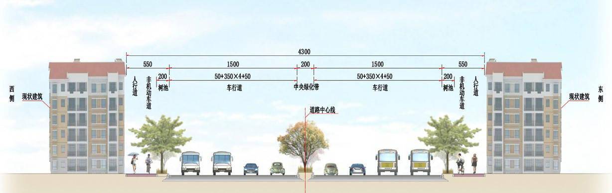 6969(1)标准段为双向八车道,道路横断面设计宽度43米.