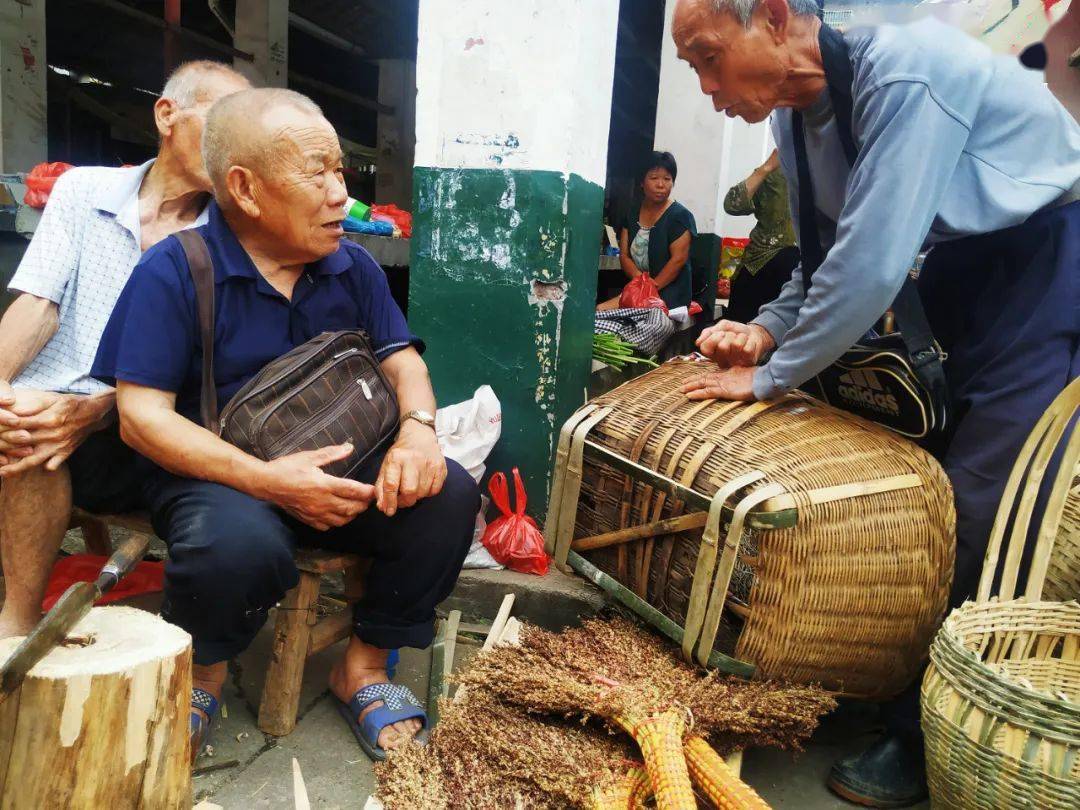 这位老奶奶将新手采摘的中草药拿到圩上卖