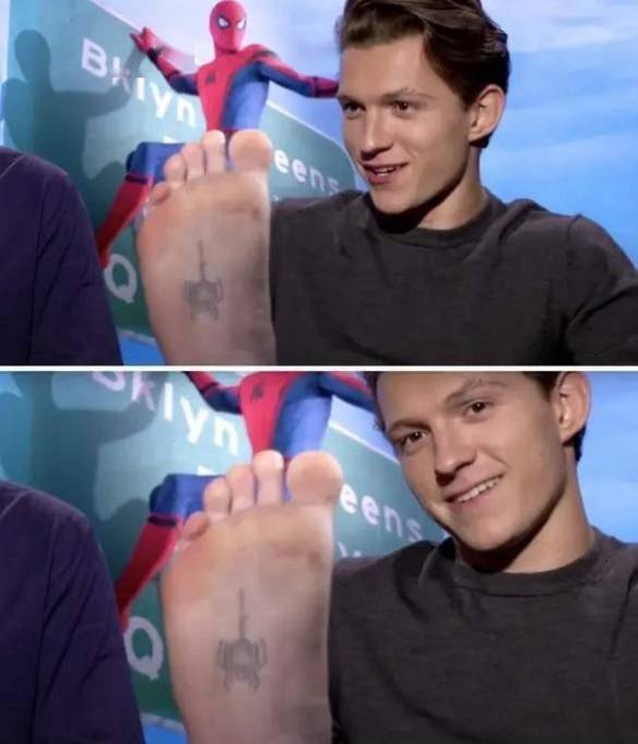 汤姆·赫兰德接受访问时也曾秀过自己的蜘蛛纹身,不过是在脚底