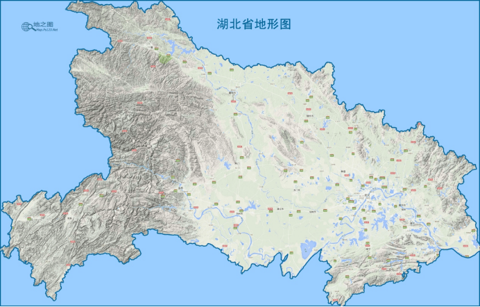 湖北省地形图,可以看出,湖北境内有不少湖泊.来源/网络