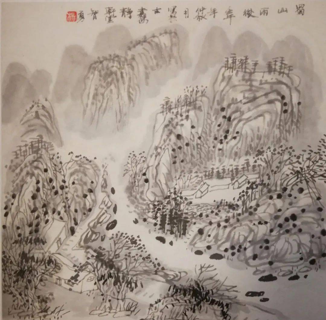 他笔下淡淡的,净洁的淡墨山水画