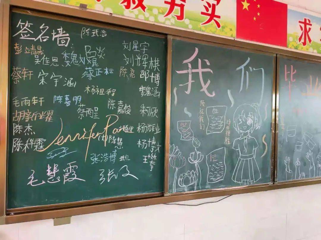 最后,同学们在黑板上绘制的签名墙里签上自己的名字,这是一份毕业生