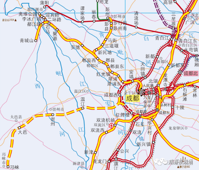 成都市域铁路线路走向示意图 成都市域铁路环线 ●改建枢纽环线及