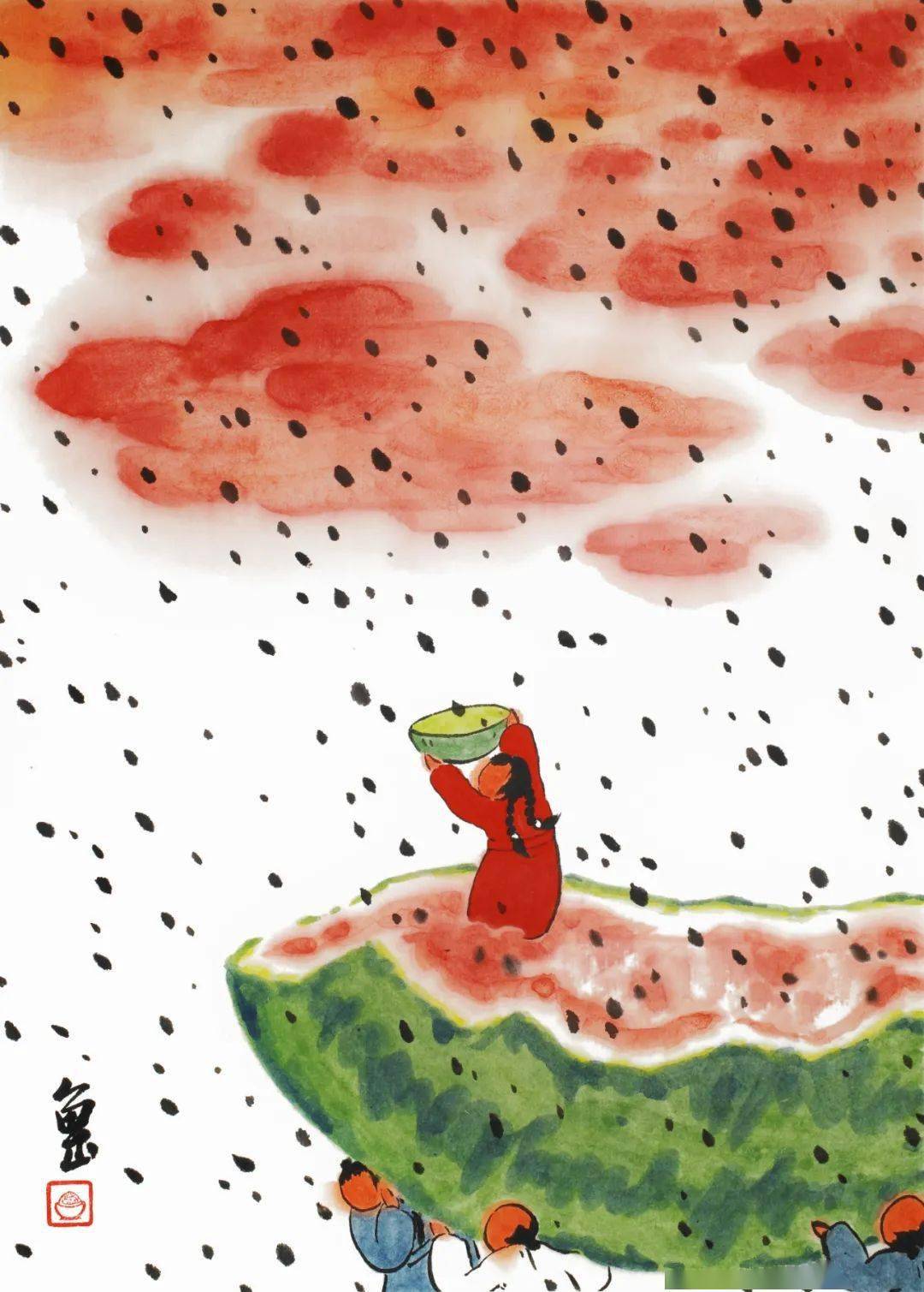 我画西瓜就是为了消暑,有时也画荔枝,樱桃,草莓之类的水果,但对西瓜